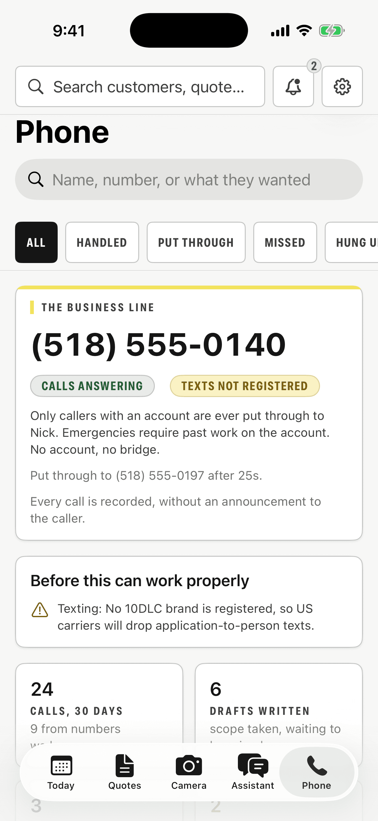 The business line — Armstrong app screenshot with dummy data
