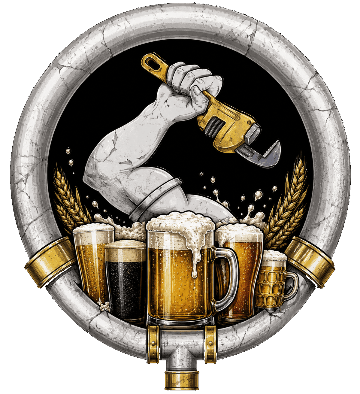 Illustration in a pipe-ring badge: an arm raises a pipe wrench above a row of overflowing beer glasses and wheat stalks