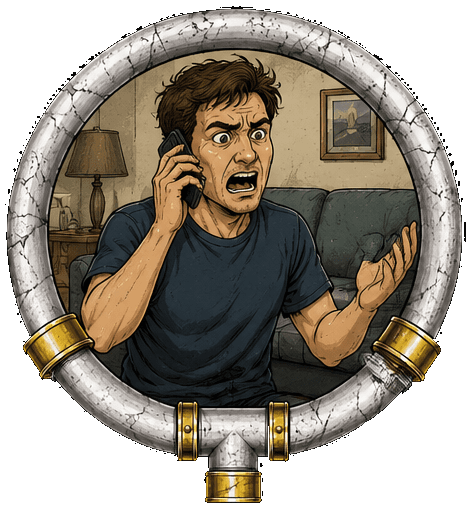 Illustration: a man on his couch, exasperated, gesturing at his phone