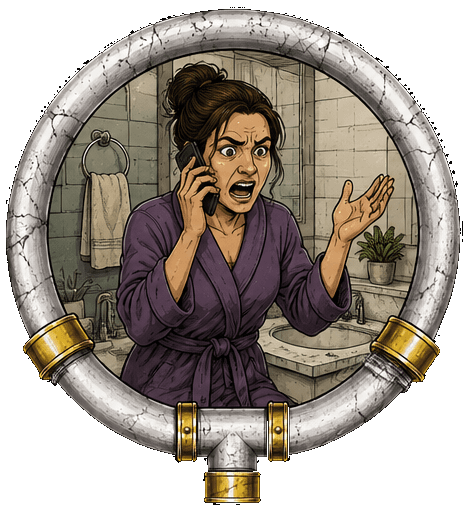 Illustration: a woman in a bathrobe arguing with an automated phone menu