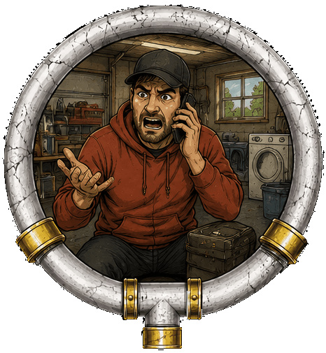 Illustration: a man in a hoodie in his garage, pleading into his phone