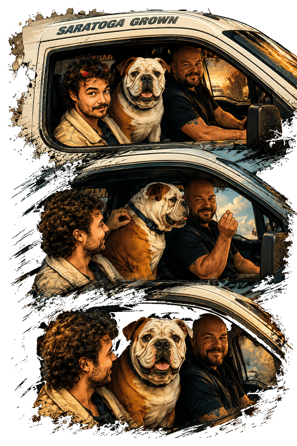 Illustration in three panels: two men and a bulldog in the cab of a work van lettered Saratoga Grown
