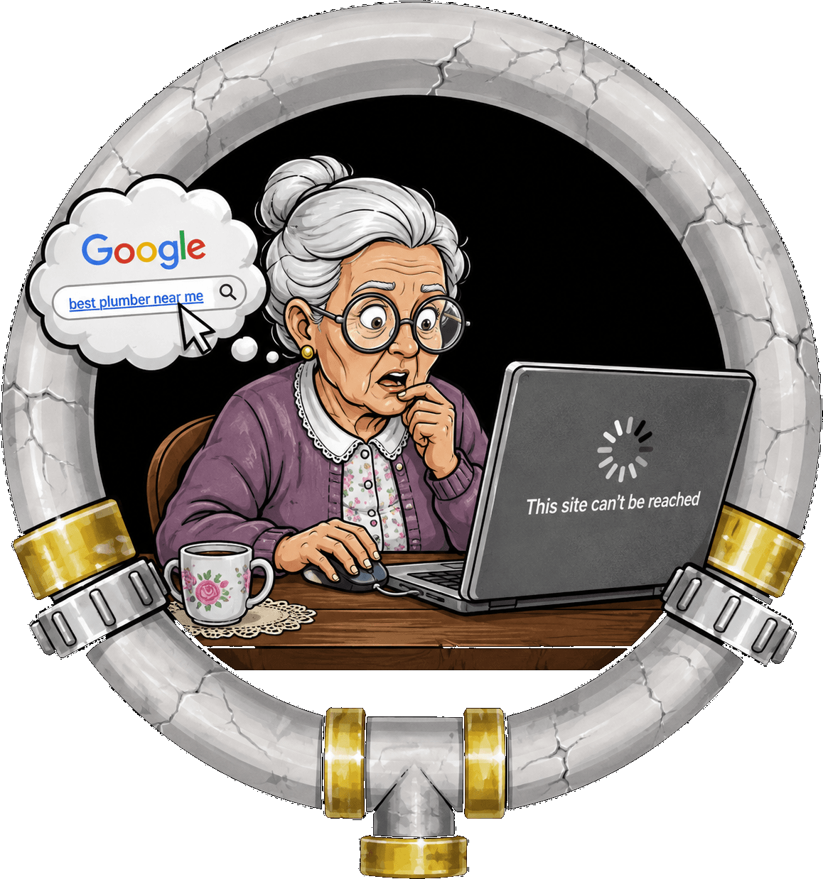 Illustration: a grandmother searching Google for the best plumber near me, met by a laptop saying the site can't be reached