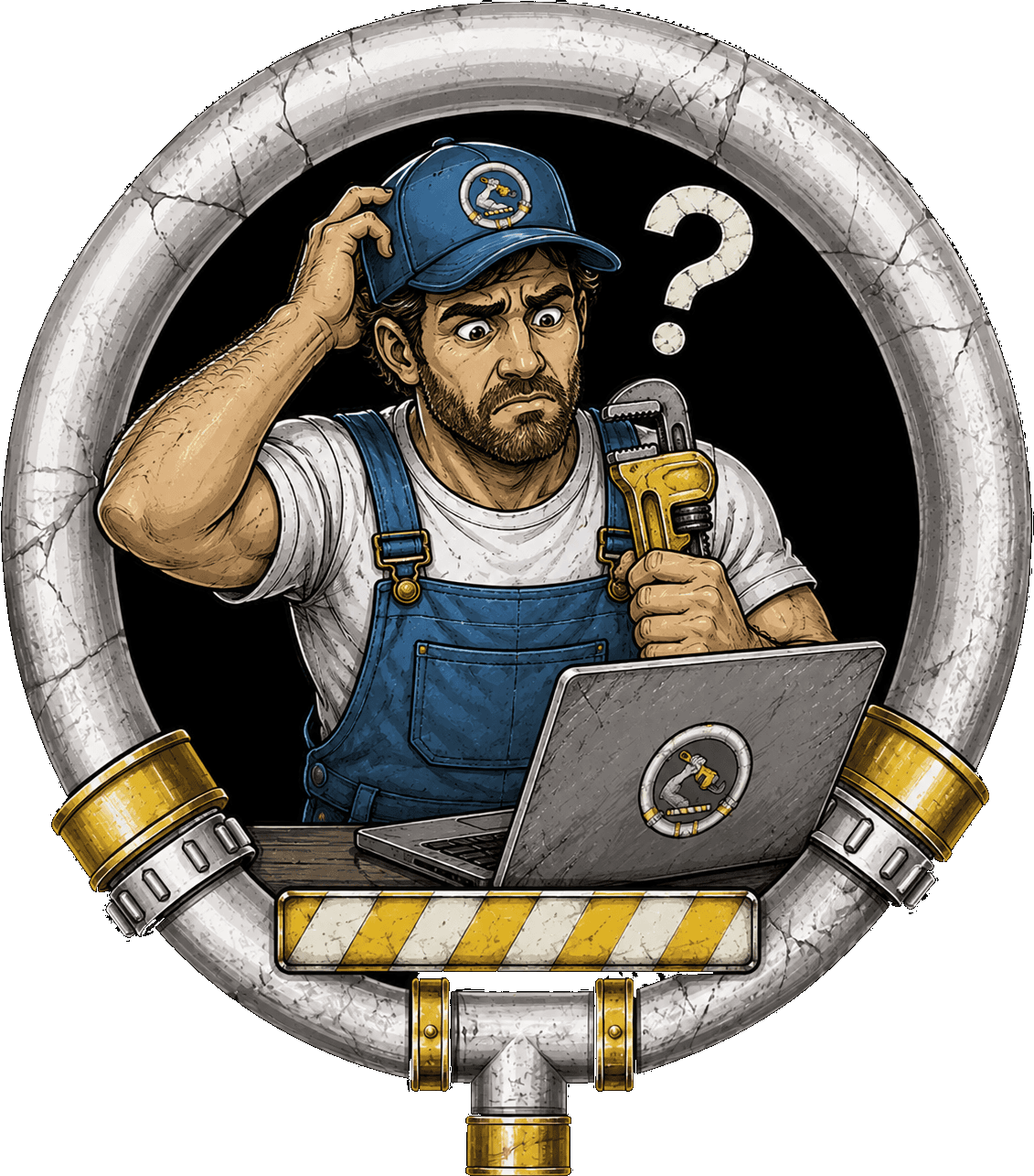 Illustration: a plumber in overalls scratches his head at a laptop, pipe wrench still in his other hand, a question mark over his head