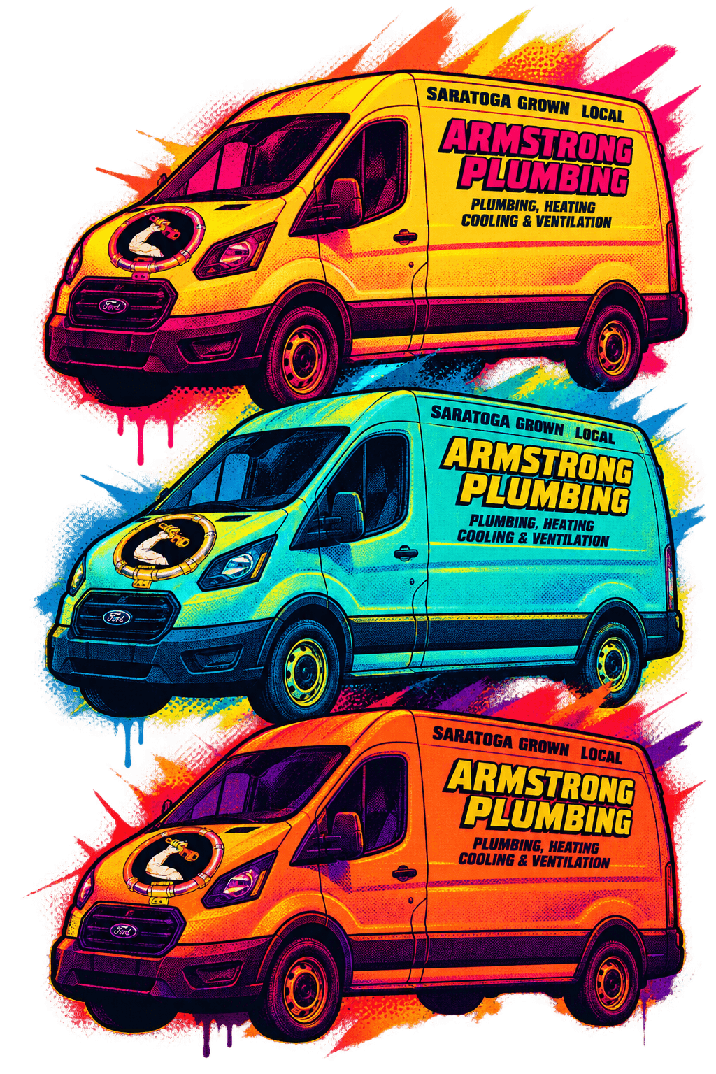 Pop-art triptych: the Armstrong Plumbing van in yellow, teal, and orange, lettered Saratoga Grown Local