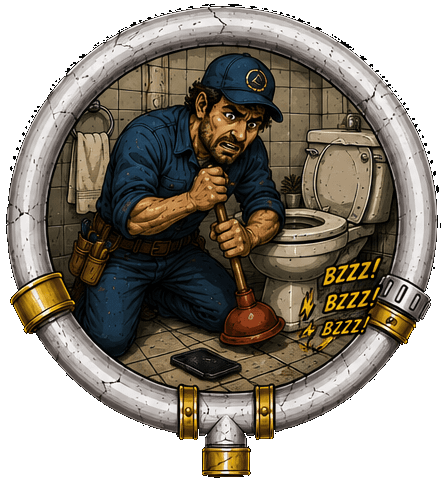 Illustration: a plumber plunging a toilet while his phone buzzes on the tile