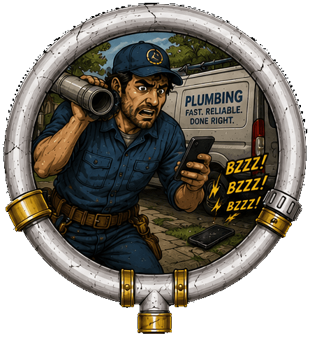 Illustration: a plumber carrying pipe at his van, phone buzzing on the walk