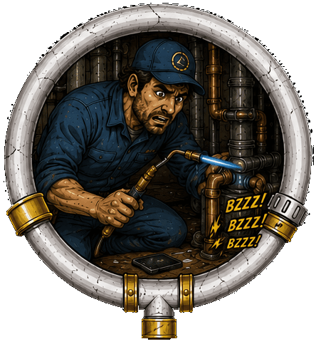 Illustration: a plumber soldering copper pipe with a torch, phone buzzing
