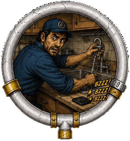 Illustration: a plumber fixing a kitchen faucet, phone buzzing behind him